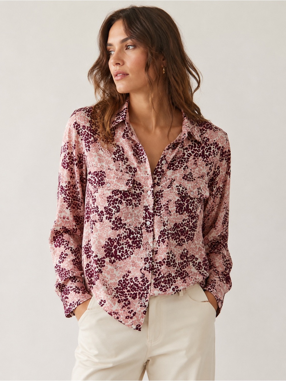 Equipment Femme Silk Blend Leopard Print Button Down Blouse Pink Burgundy Lg